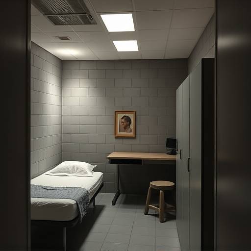 Celda en JVA Burg, Alemania: Celda moderna con cama, escritorio y armario en prisión alemana