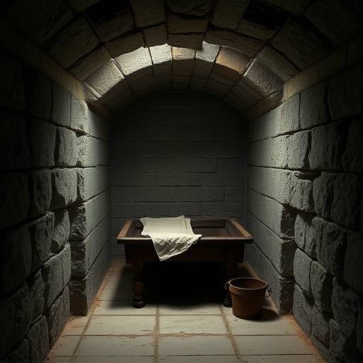 Celda en Old Melbourne Gaol, Australia: Celda con catre, cubo y paredes de piedra