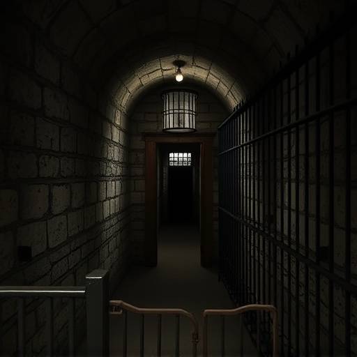 Celda penitenciaria 2: Interior de una celda histórica en la Eastern State Penitentiary con paredes de piedra y poca luz