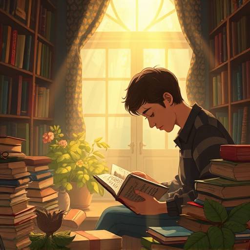 Illustration FAQ: Une personne cherchant des réponses dans une pile de livres, symbolisant la recherche d'informations.