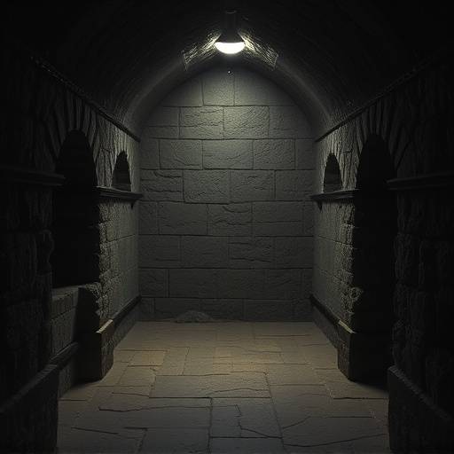 Prisión medieval: Una celda en el Castillo de Chillón, un ejemplo de prisión medieval con paredes de piedra y poca luz.